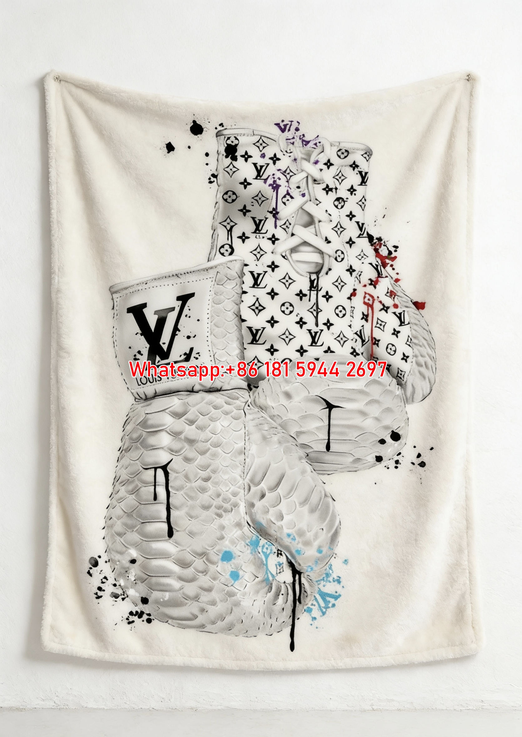 White Monogram LV Boxing Print Flannel Throw Blanket 427
